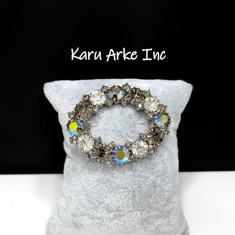 Karu Arke Aurora Borealis Brooch, Clear AB Black Diamond Rhinestones, 1950s